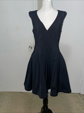 Halston Heritage Black V-Neck Midi Fit-and-Flare Dress
